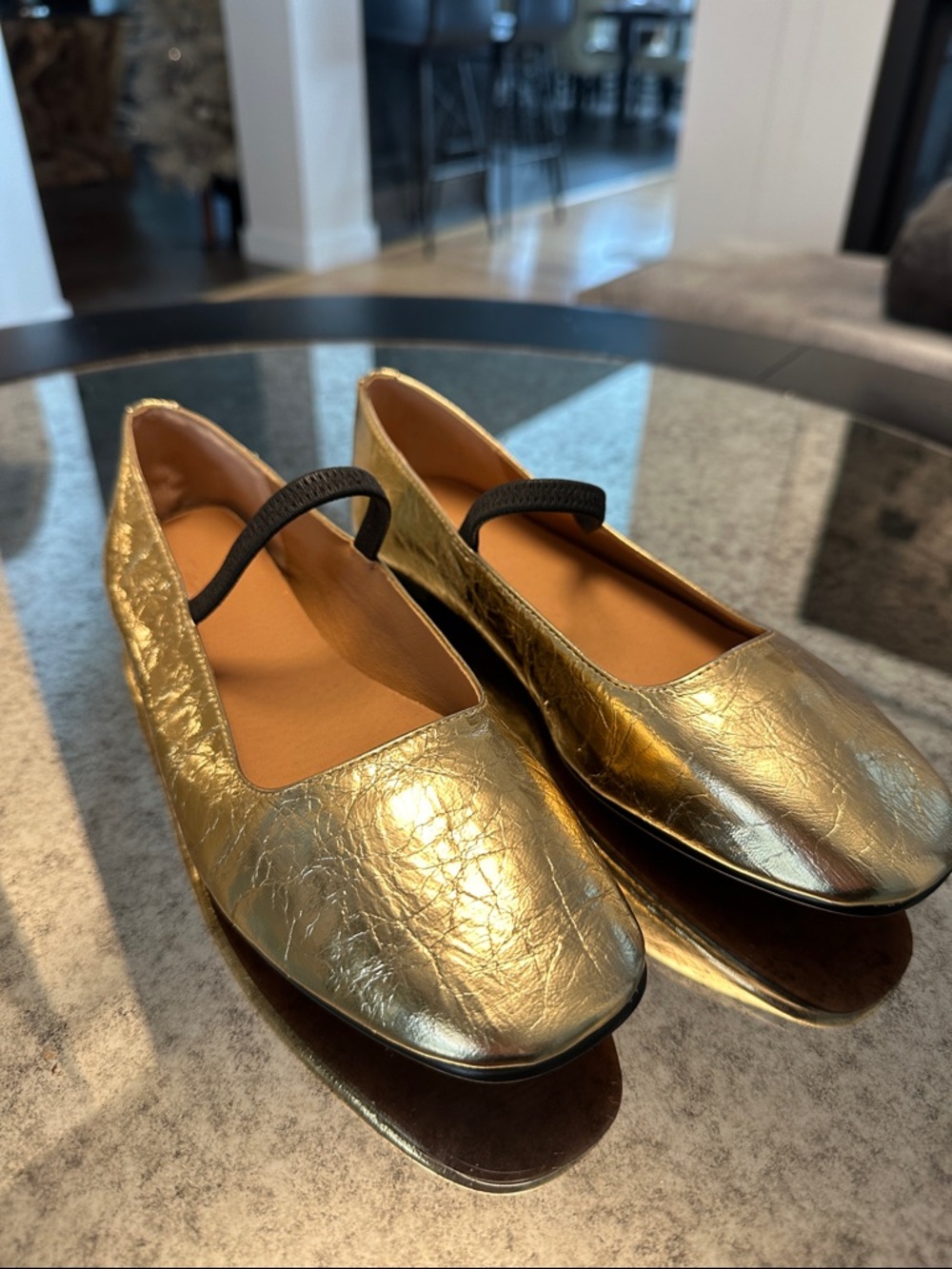 Madewell Metallic Gold Ballet Flats with Black Elastic Strap